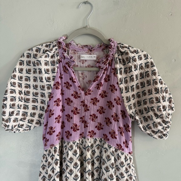 Zara Kids Purple Floral Patterned Puff Sleeve Dress - Picture 2 of 8